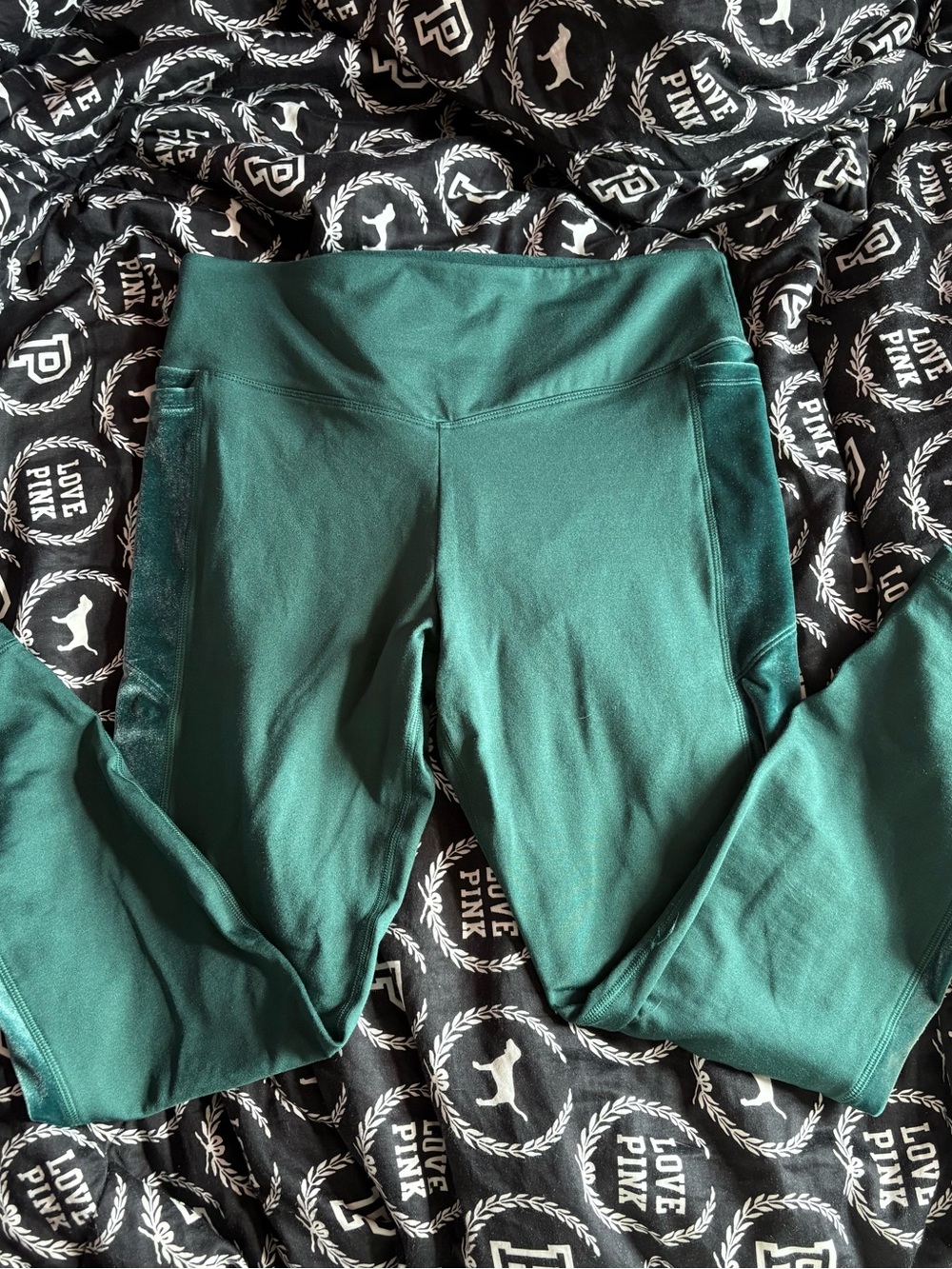 💚✨  PINK Cozy Emerald Green Velvet Side Panel Leggings Pockets Size Large ✨💚